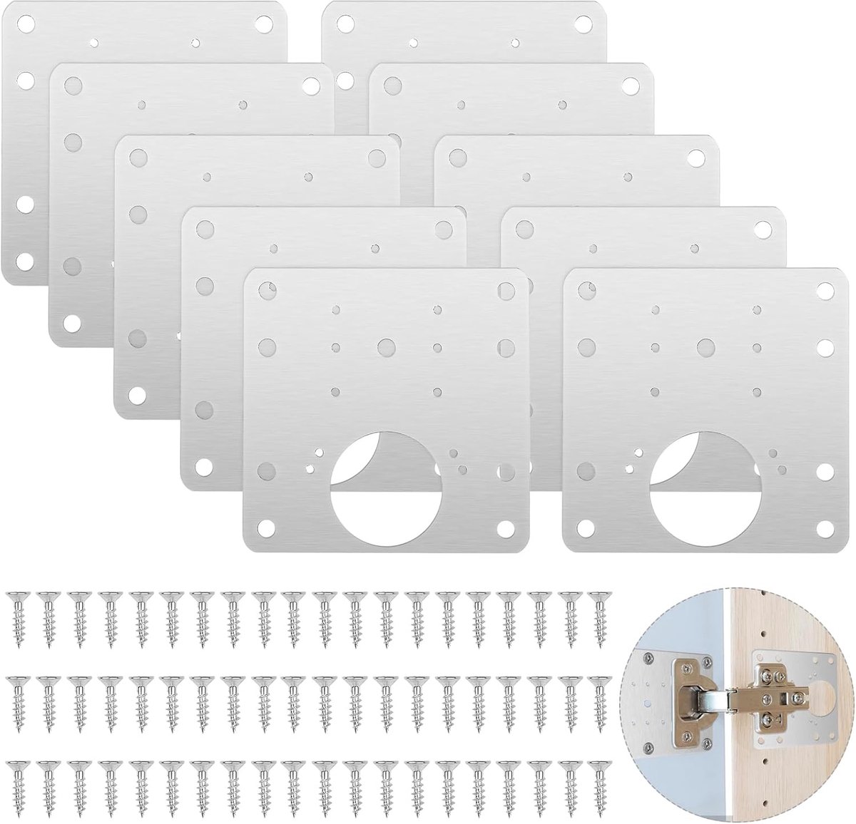 LISM-10-delige reparatieset Geschikt voor scharnieren, roestvrijstalen reparatieset 9 x 9 cm, met schroeven, reparatieonderdelen Geschikt voor zijscharnierplaten, reparatiepaneel Geschikt voor kastdeuren, reparatieset Geschikt voor kastscharnieren.