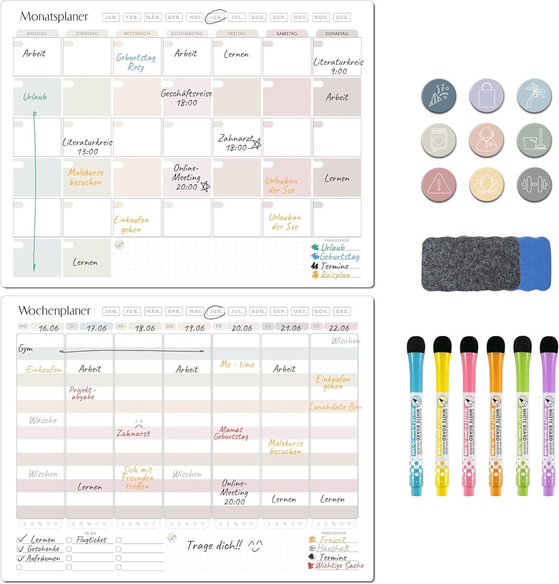 SnelShoppen - Magnetische Weekly Planner Set - Wasbaar, Inclusief 30 Magnetische Stickers, Maandplanner en Weekplanner, Gezin Planner, Huishoudplanner