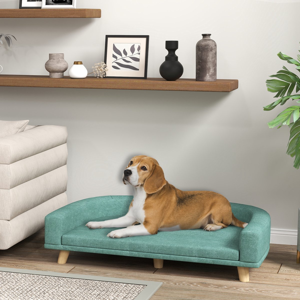 DESMIU Hundesofa Comfortabel Met Kussen Voor Grote Honden 98x67x25 Cm Polyester Groen Verhoogd Ontwerp Met Houten Poten