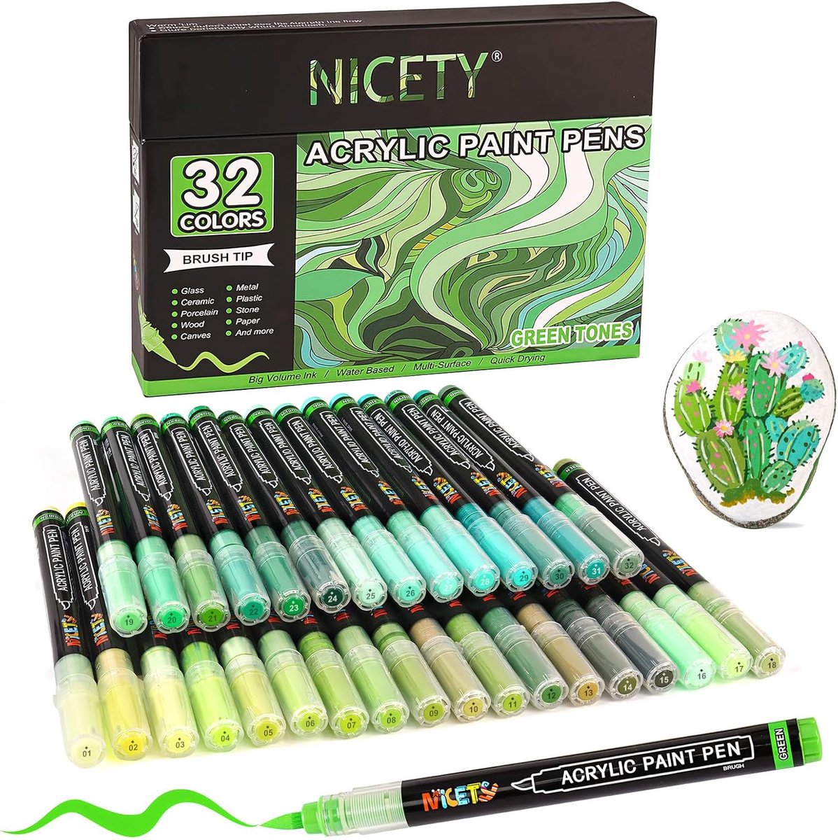 SnelShoppen - 32 Kleurige Acrylverf Stiften - Brush Painting Markers voor Steen, Hout, Glas, Keramiek - 1-6mm Penseelpunt Waterbasis Acrylmarkers voor