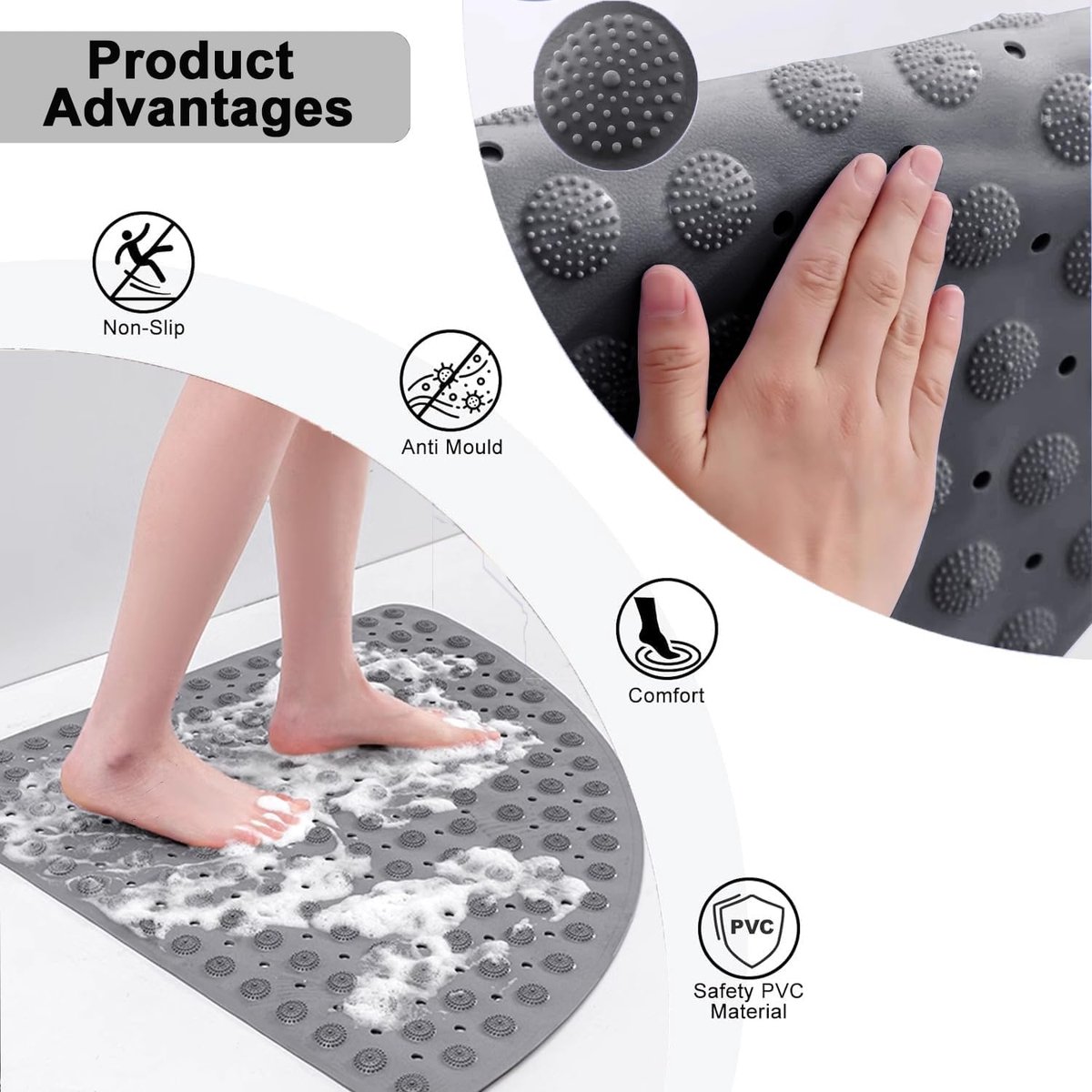 SnelShoppen - Antislip Doucherugmat Driehoek 65x65cm, PVC Douchemat met Zuignappen, Schimmelbestendig en Machinewasbaar, Hoekdouchemat Grijs voor Kind