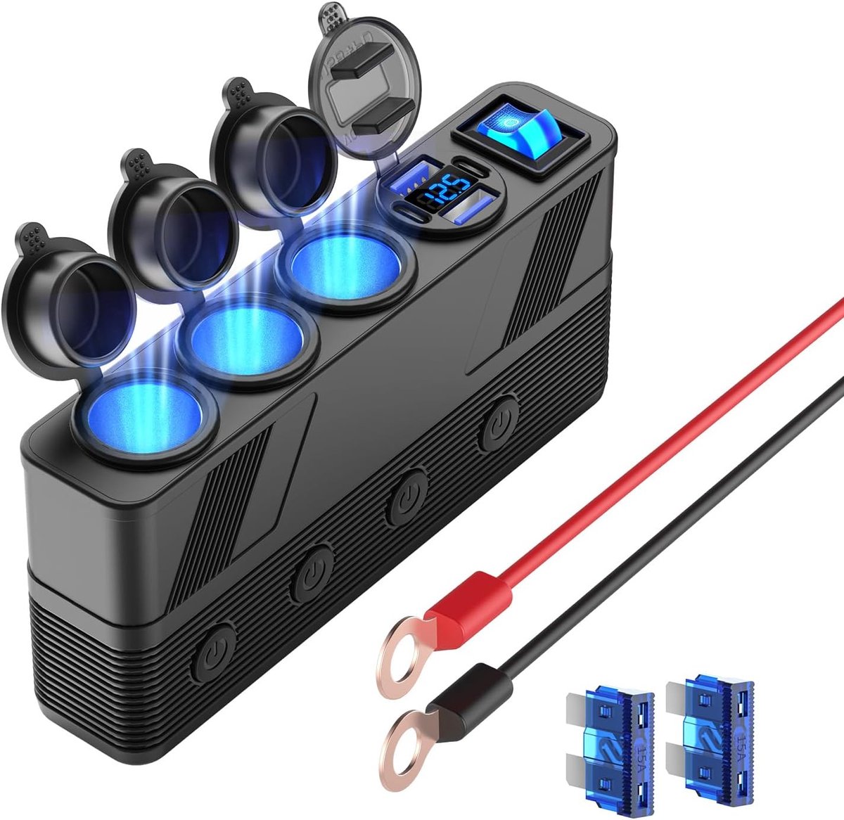 SnelShoppen - 12V 24V Auto Lader Splitter met 3M Kabel, 3 Sigarettenaansteker Aansluitingen, Multi-Adapterstekker met 4 Poorten en LED-Display, Master