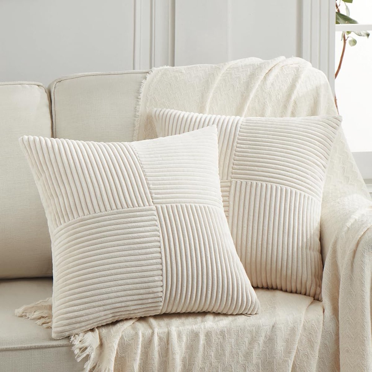 SnelShoppen - Set van 2 Crème Beige Corduroy Kussenhoezen 40x40 cm - Zachte Decoratieve Throw Pillow Covers voor Bank, Slaapkamer en Woonkamer - Boho