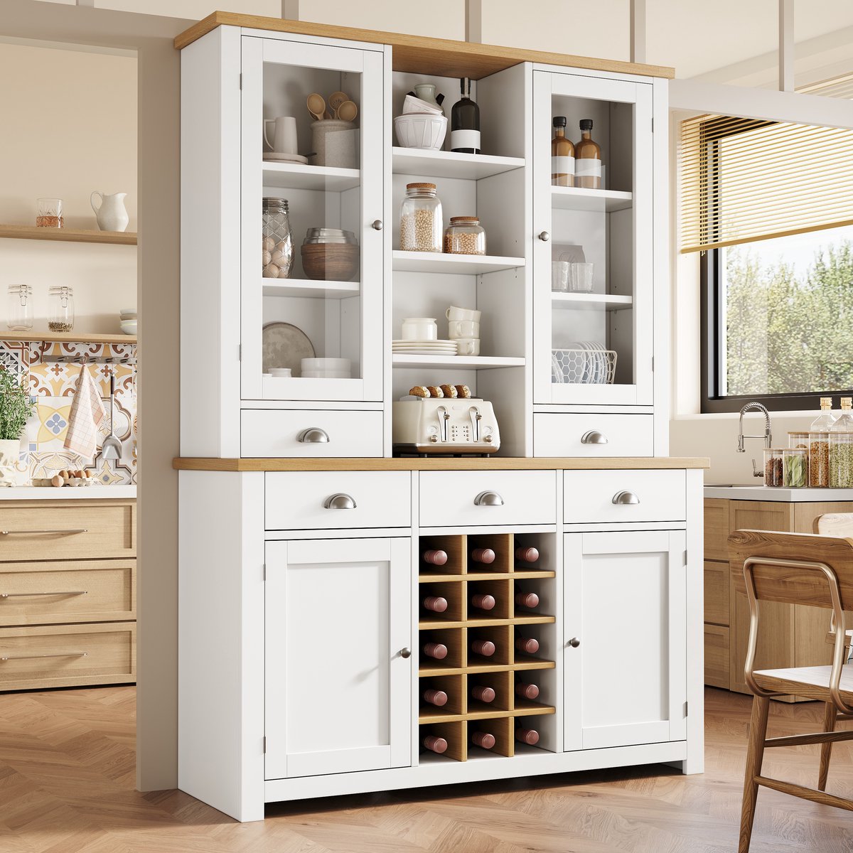 Wishdor Keukenkast - Hoge opbergkast met glazen deur, 5 lades en uitneembaar wijnrek - modern - keuken en eetkamer - houtlook en glas - wit - 120 x 40 x 185 cm