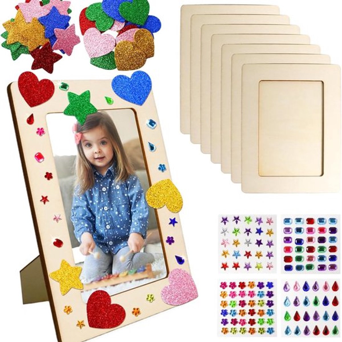 8x Diy Fotolijstjes Beschilderen - Fotolijstje - Fotolijst - Fotolijsten - Fotokader - Houten Fotolijstje - Houten Lijst Voor Kinderen - Met Glitterstickers - Knutselmateriaal Fotolijsten Schilderen - Knutselen - Geschikt Voor Foto Van 10 X 15 Cm