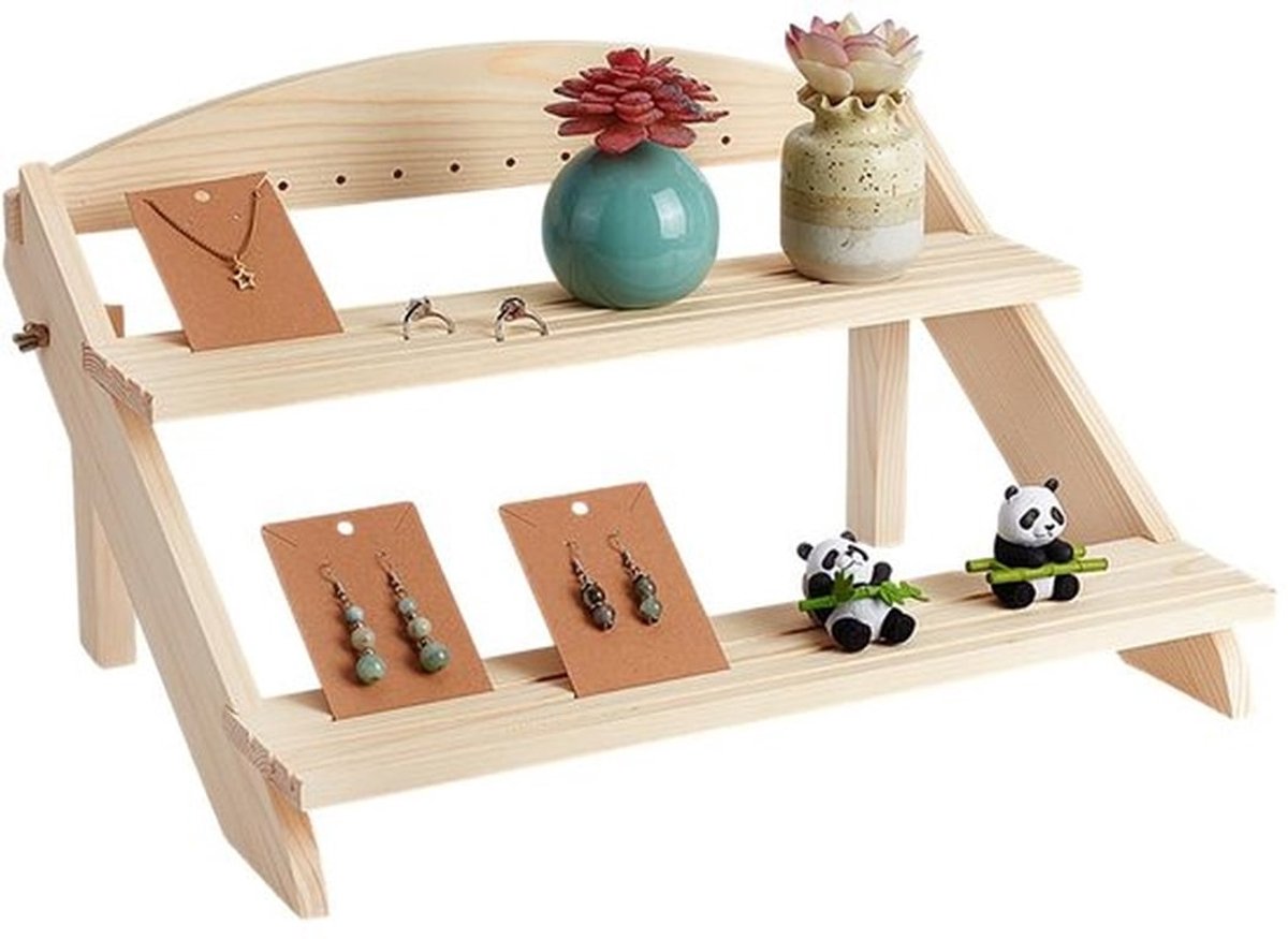 Houten displaystandaard met 2 lagen, 6-delige oorbellenhouder, afneembare, onafgewerkte houten displaystandaard voor sieraden met groef voor het opbergen van sieraden, 42,5 x 36,8 x 21 cm
