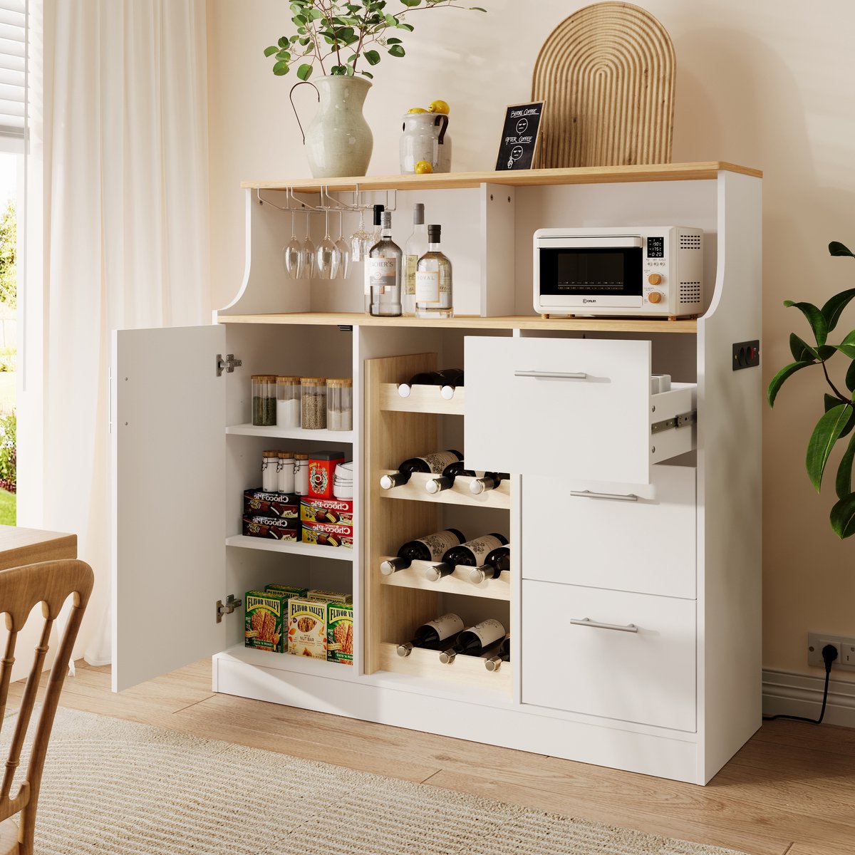 Wishdor - Dressoir - LED verlichting - wijnrek en glazenhouder - Scandinavisch - keuken en eetkamer - houtlook - White+Natural - 120 x 40 x 121 cm
