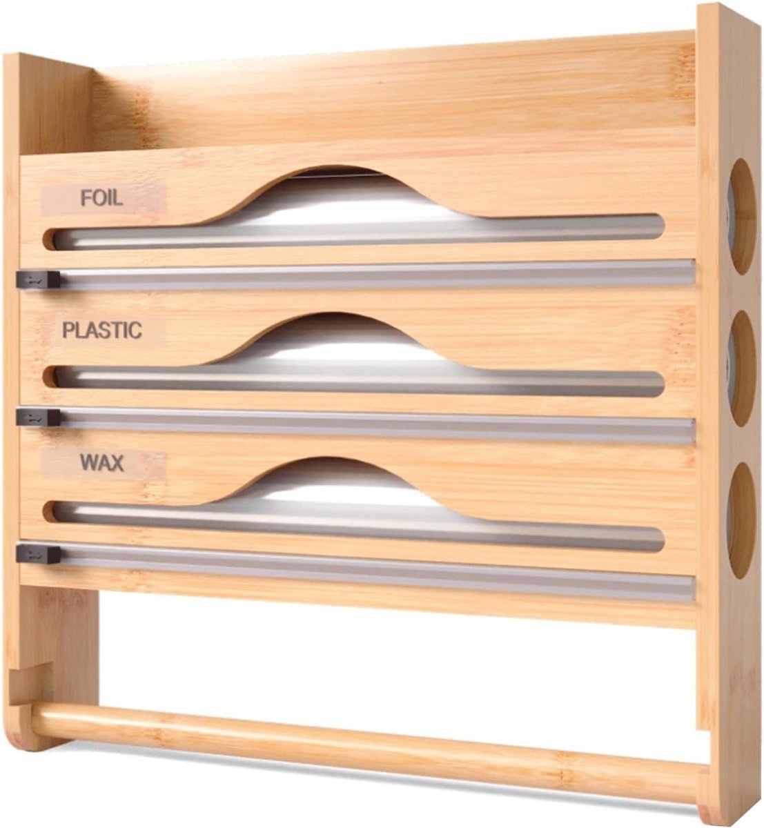 SnelShoppen - 5-in-1 Keukenrolhouder van Hout, Keukenorganizer, Foliesnijder, Kruidenrek, Wandrolhouder, Bamboe, 35,3 x 7 x 35 cm