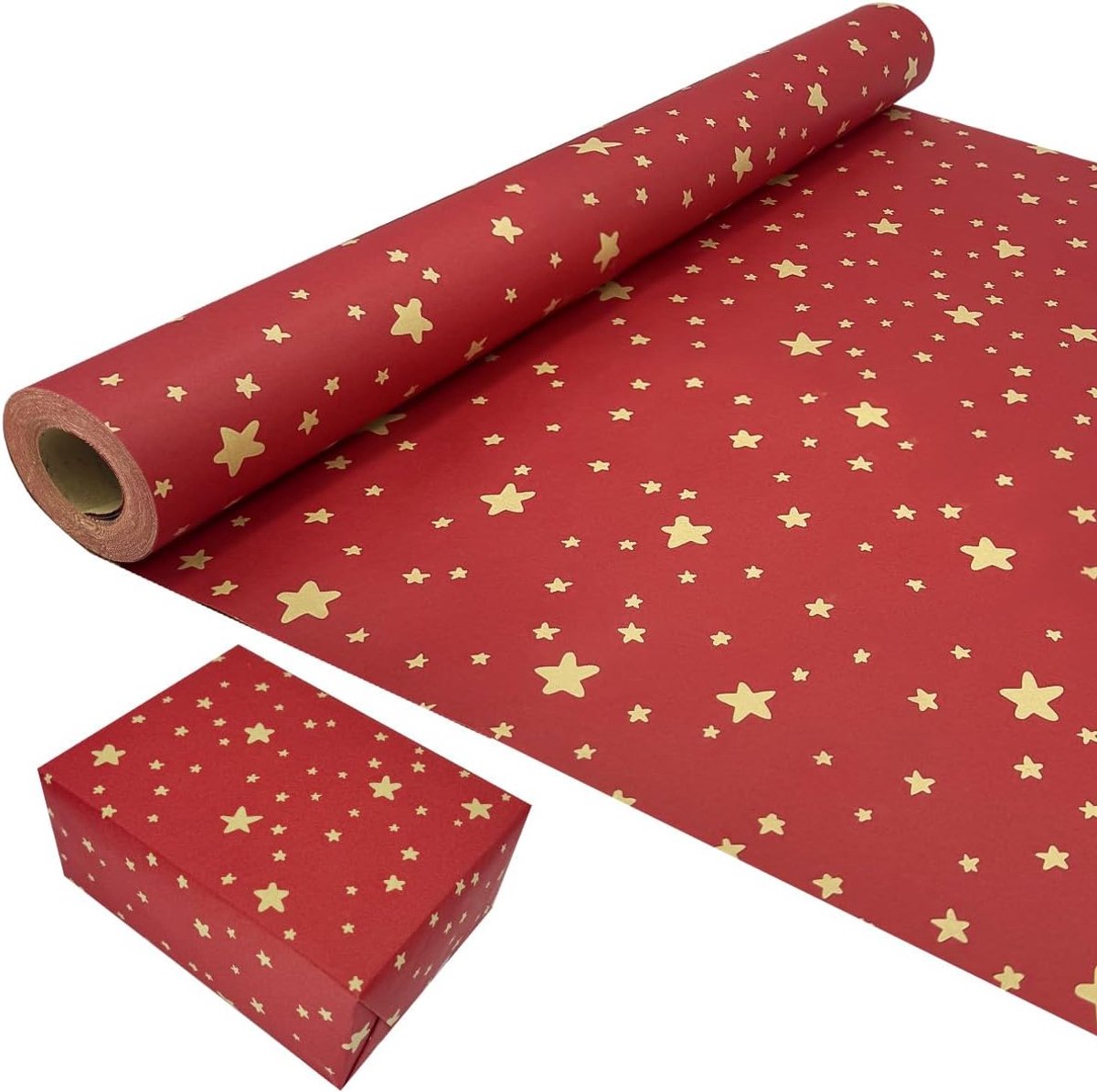 SnelShoppen - Cadeaupapierrol Verjaardag 43 cm x 15 m, Rood Inpakpapier met Sterontwerp, Recyclebaar Kraftpapier voor Bruiloft, Feest en Cadeaudecorat