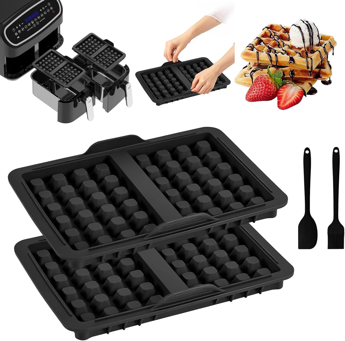 SnelShoppen - Wafelinzetstukken voor Belgische Wafels - 2 Siliconen Accessoires voor Air Fryer en Magnetron - Olieborstel Inclusief - Perfect voor Keu