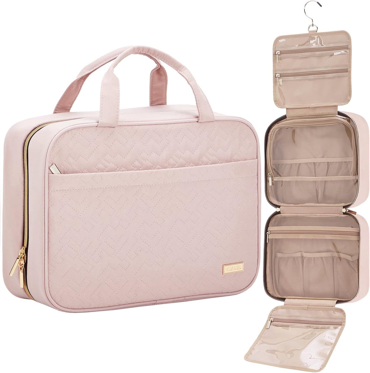 SnelShoppen - Draagbare Reis Toilettas voor Vrouwen, Hangorganizer voor Shampoo, Conditioner, Penseelset, Roze, Large, Stijlvol en Praktisch voor Op R
