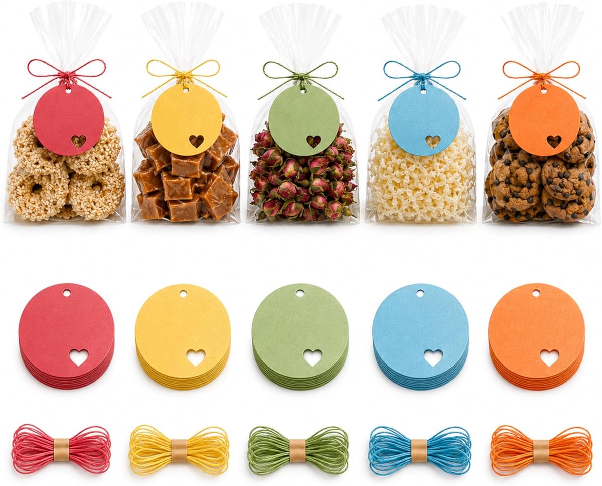 SnelShoppen - 150 Premium Vintage Italiaanse Moeder van Parel Papieren Cadeau Tags met Touw - 5 Assortiment Kleuren Bedankkaarten Trouwen Kerst - Scal