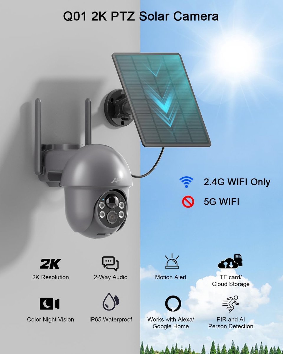 SnelShoppen - Draadloze 2K HD Beveiligingscamera Buiten met Solar Panel, 360° Rotatie, PIR Bewegingsdetectie, 2-Weg Audio, Nachtzicht, Grijs