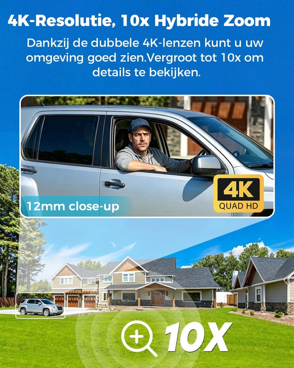 SnelShoppen - 4K WiFi Beveiligingscamera Buiten met PoE, 8MP CCTV Dubbele Lens, IP Beveiligingscamera met 10X Hybride Zoom, Automatische Tracking en D