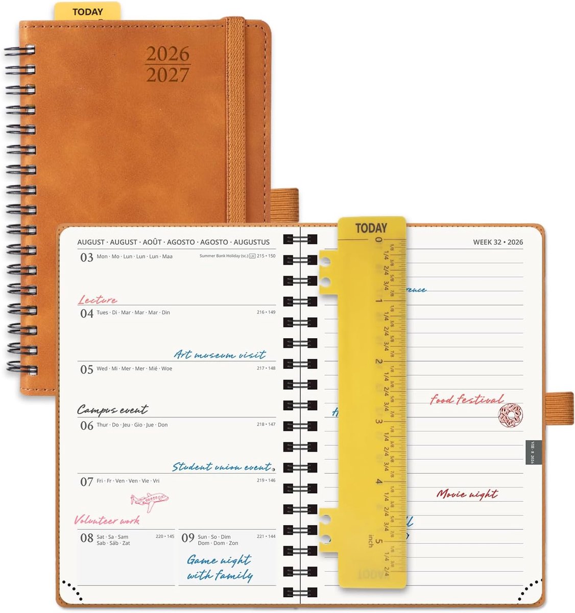SnelShoppen - POPRUN Agenda Pocket 2026 2027 A6 Weekly Planner Notitieboek 17 maanden Bruin, 16x10.5 cm, Zachte Spiraalbinding, 80 GSM Papier, Notitie