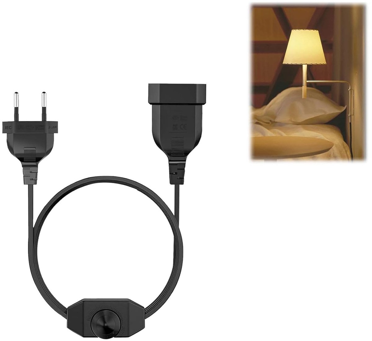 SnelShoppen - LED dimmer met schakelaar, 1 stuk kabel dimmer voor dimbare LED lampen (stekker + socket), platte euro stekker schakelaar, verlengkabel