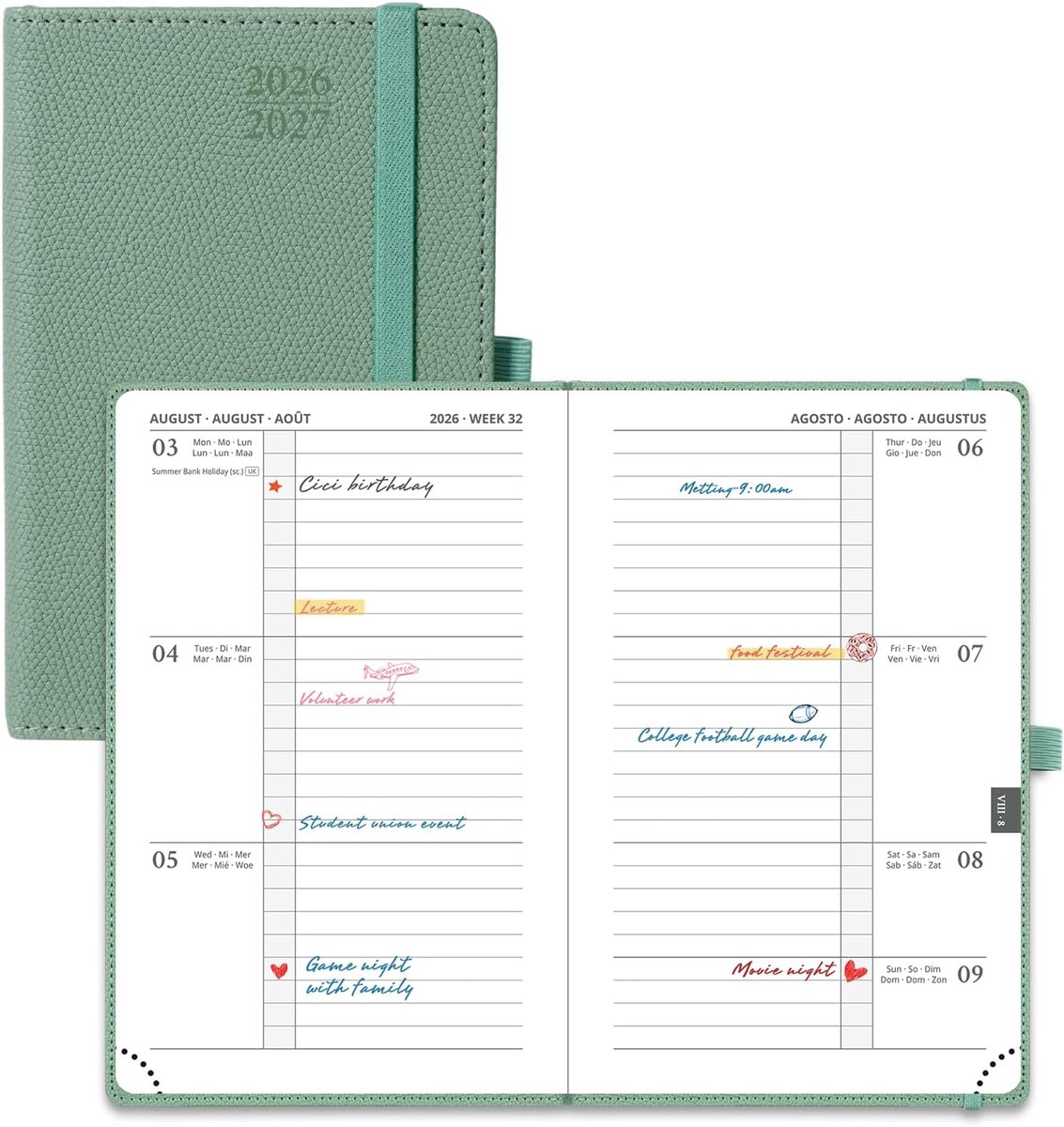 SnelShoppen - Horizontale Wochenplaner 2026 2027 A6 Terminkalender met PU Leer - 17 Maanden Organizer in Army Green - 1 Week op 2 Pagina's, Hard Cover