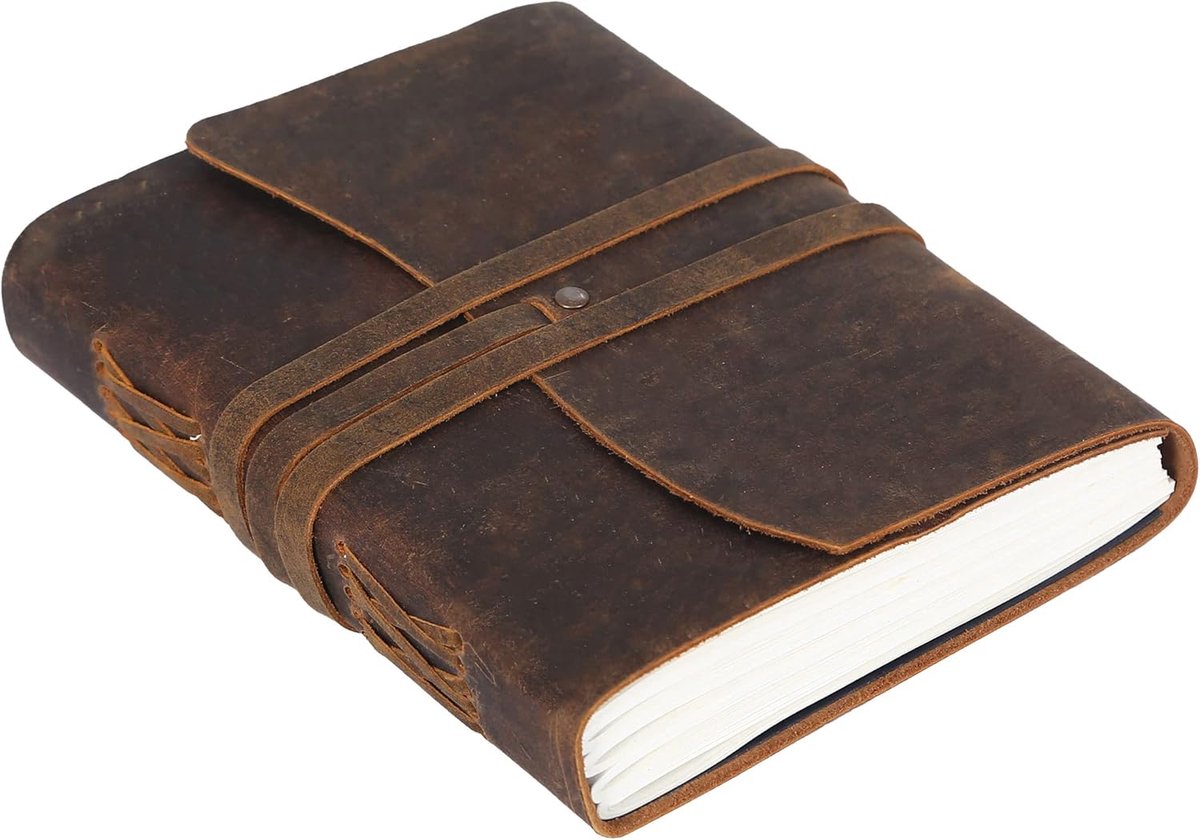 SnelShoppen - Handgemaakte Lederen Dagboek / Notitieboek / Ongebladerd Schrijfblok voor Mannen en Vrouwen, 120 Bladen, Bruin Tan, Perfect voor Creatie