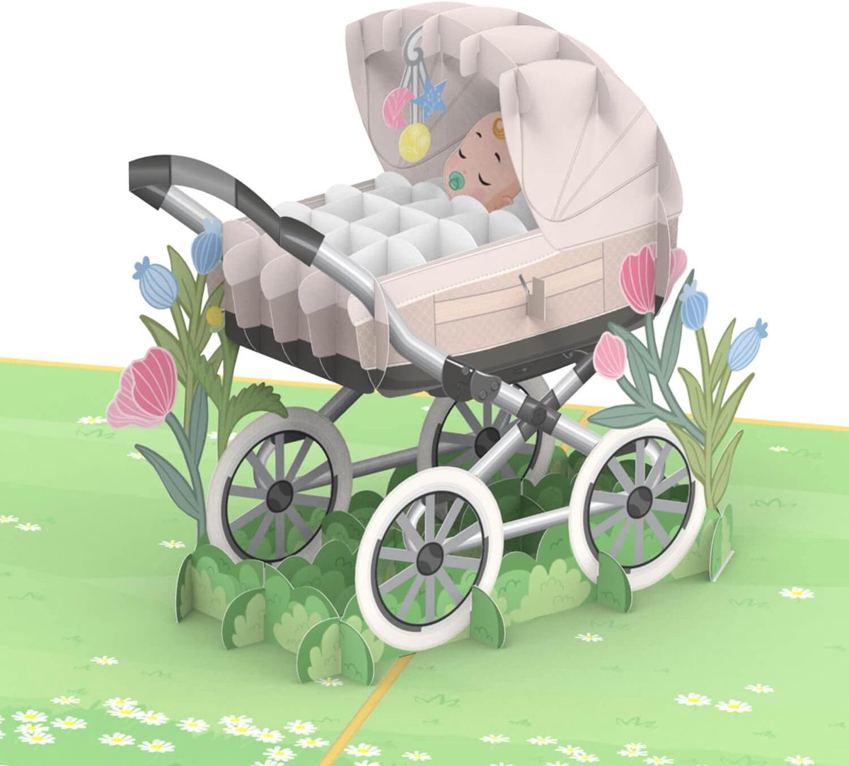 SnelShoppen - Pop-upkaart voor de geboorte met Kinderwagen - Neutrale 3D Geboortekaart voor Jongens en Meisjes - Handgemaakte Wenskaart of Geldcadeau