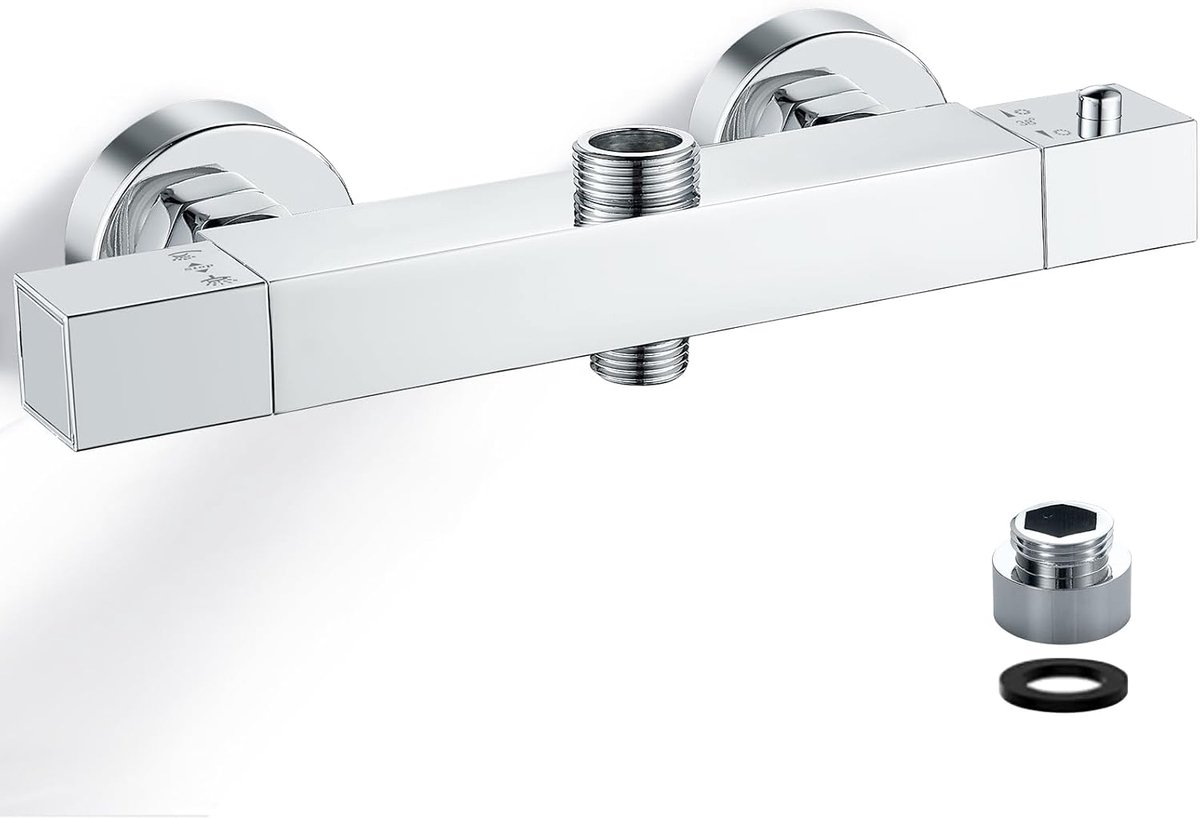 SnelShoppen - Douchemengkraan met Thermostaat, Messing & Chroom, 2 Uitspraken, Veiligheidsfunctie 38°C, 3/4" BSP + 1/2" BSP