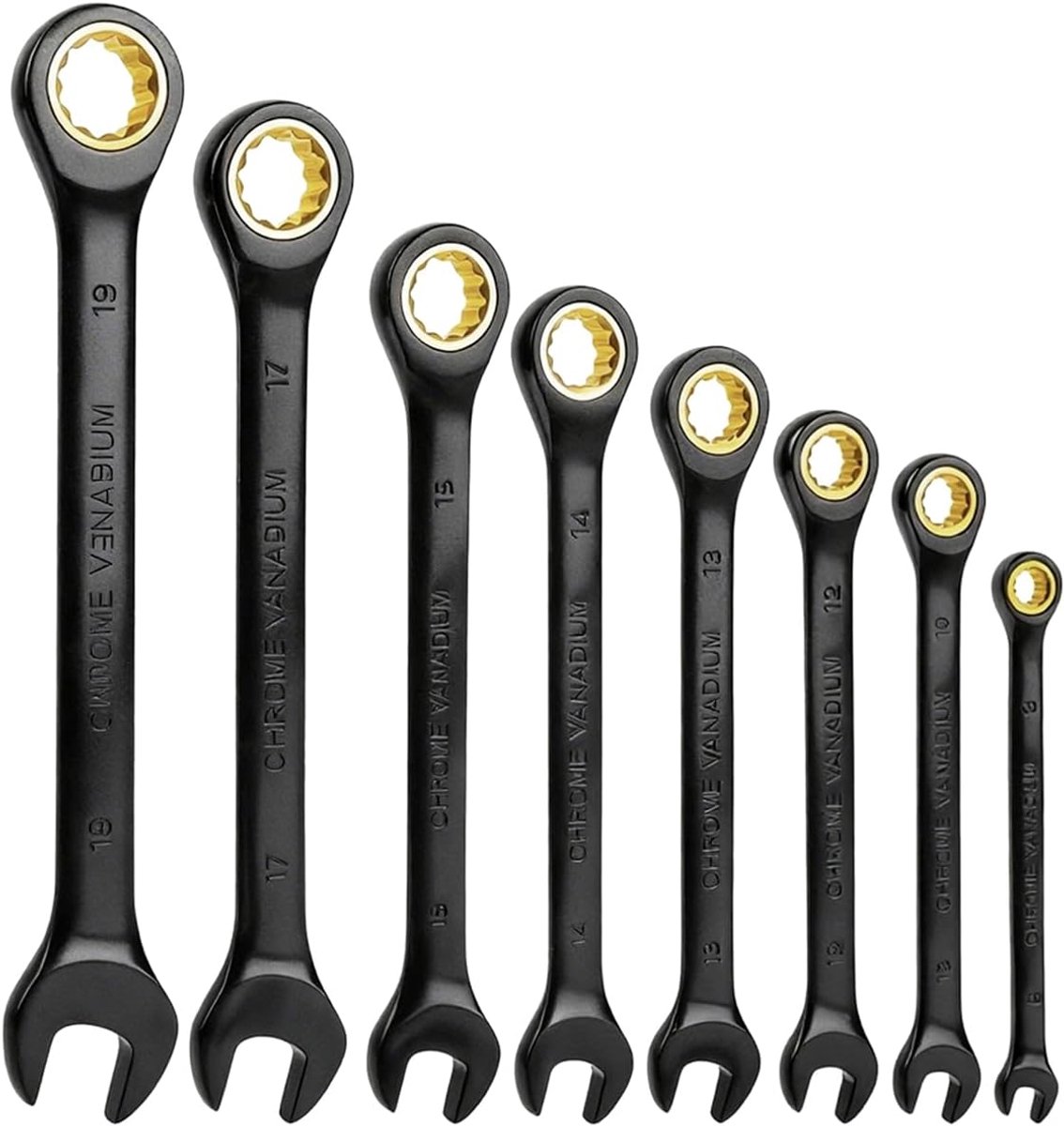 SnelShoppen - Set van 8 Ratsleutel Wrench Set 8-19 mm (8, 10, 12, 13, 14, 15, 17, 19 mm) Robuuste Chrome Vanadium Staal