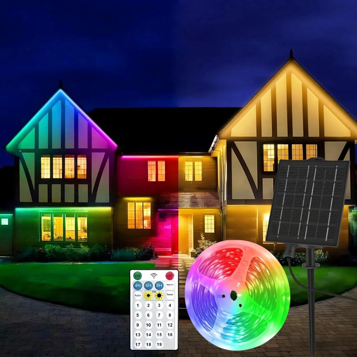 SnelShoppen - Ledstrip op Zonne-energie 5 Meter - Veelkleurig & Warmwit, Dimbaar met Afstandsbediening, 320 LEDs, Waterdicht IP65, Zelfklevend voor Tu