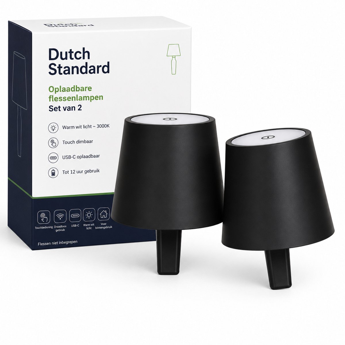 Flessenlampen Set van 2 – Oplaadbare Lampenkap voor Fles – Touch Dimbaar – USB-C – 3000K Warm Wit – Zwart