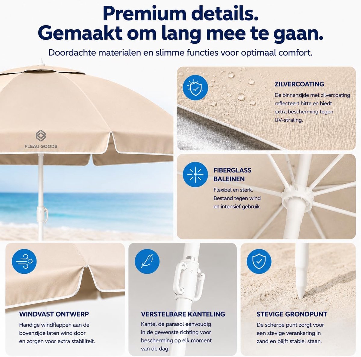 Thijox - Fleau Strandset met Zonwering 175 cm - Parasol Set met Voet en Hoes - Opvouwbare Strandparasol met Strandmat voor Strand, Camping en Tuin