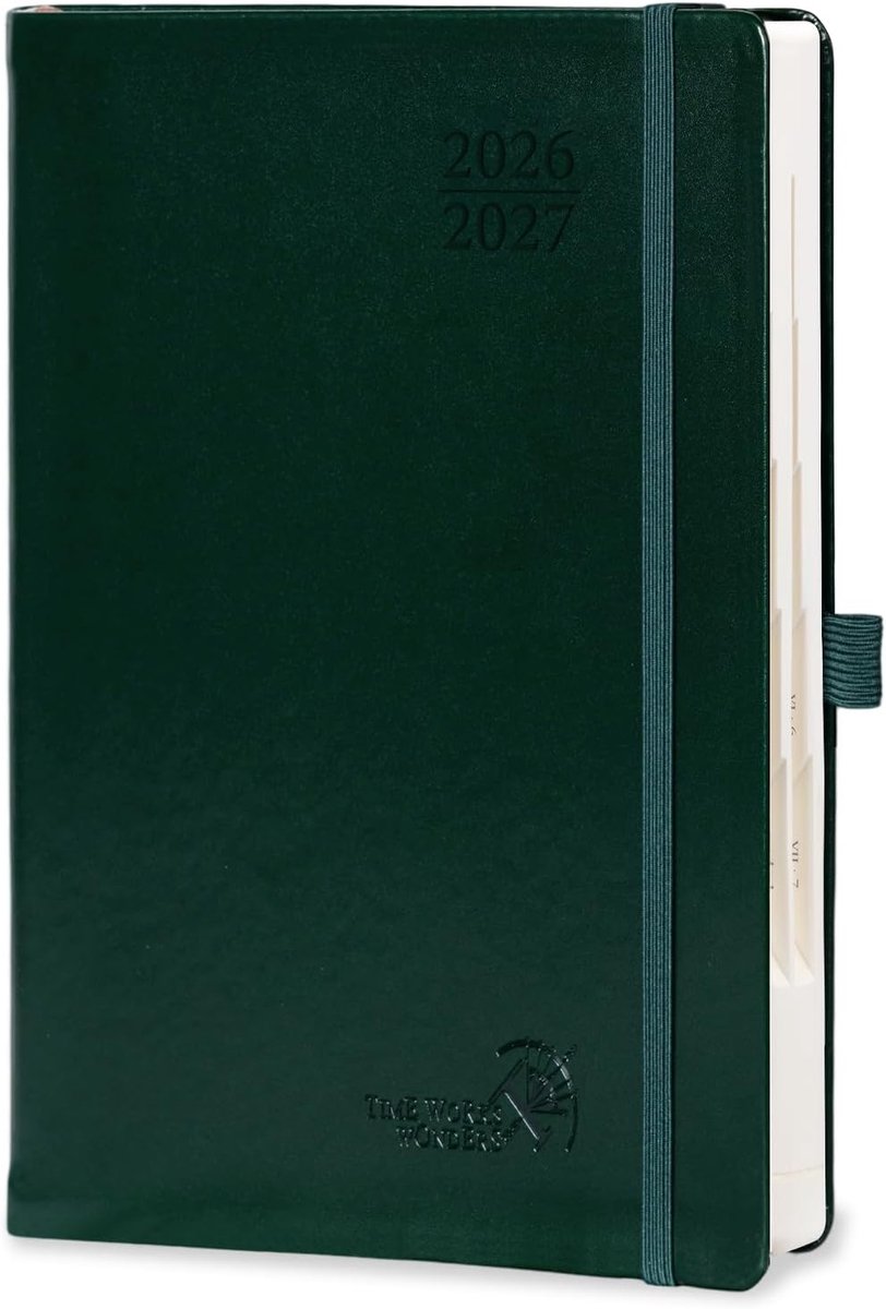 SnelShoppen - Dagplanner Agenda 2026 2027 - A5 formaat 21,5 x 14,5 cm - 1 Pagina per Dag - Donkergroen PU-leer - Maandtabbladen - Perfect voor School