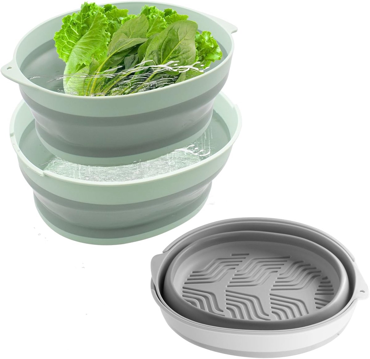 Thijox - 2 stuks opvouwbare wasbak, 2-in-1 draagbare spoelbak met afvoergaten, kunststof en siliconen, 24 x 20 x 11 cm, grijs en groen, voor thuis, ke