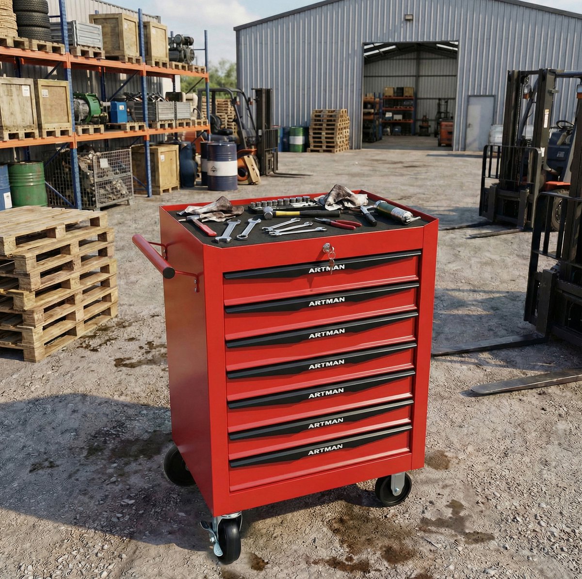 MODENUIT Gereedschapskar - 7 Lades Met Slot En Wielen - Voor Garage En Werkplaats - Staal - Rood Zwart