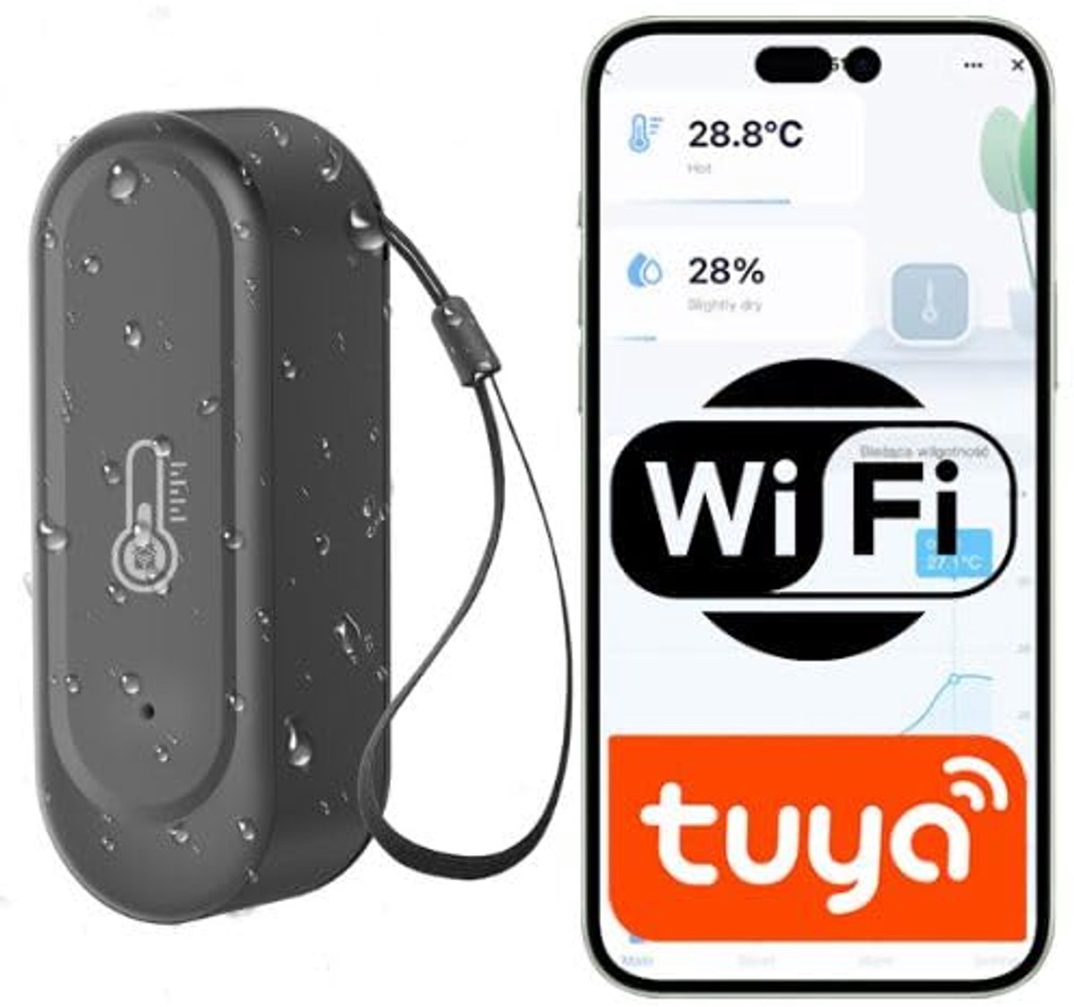 SnelShoppen - Wifi Buitenthermometer Tuya Smart Life - Temperatuur- en Vochtigheidssensor Buiten - IP65 Waterdicht - Zwart - Werkt op Batterijen - Voo