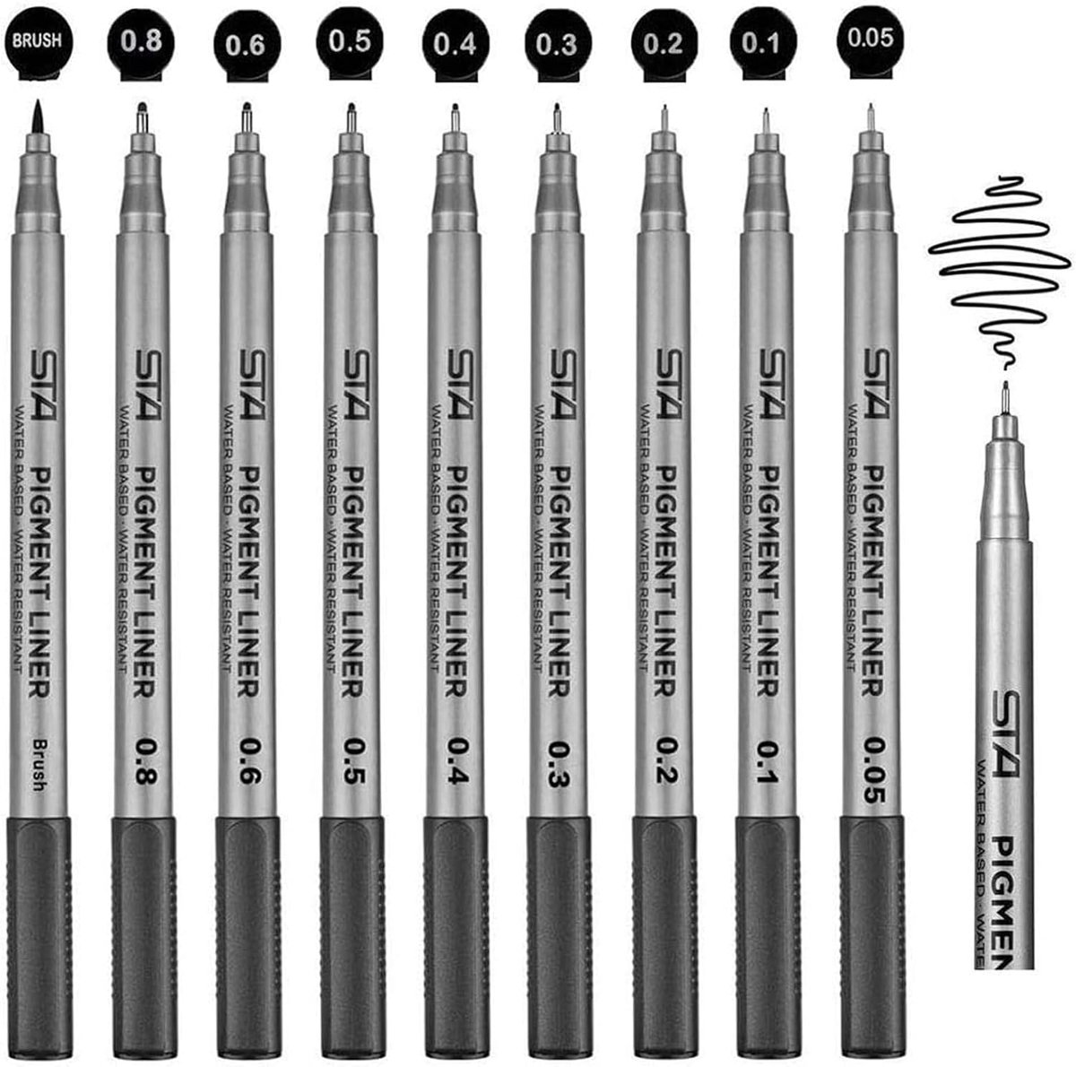 SnelShoppen - Fineliner Pennen Set 9 Stuks - Zwart - Waterdichte Pigmentliners 0,05mm - 0,8mm - 1 Penseel - Perfect voor Bullet Journal, Schetsen, Ill