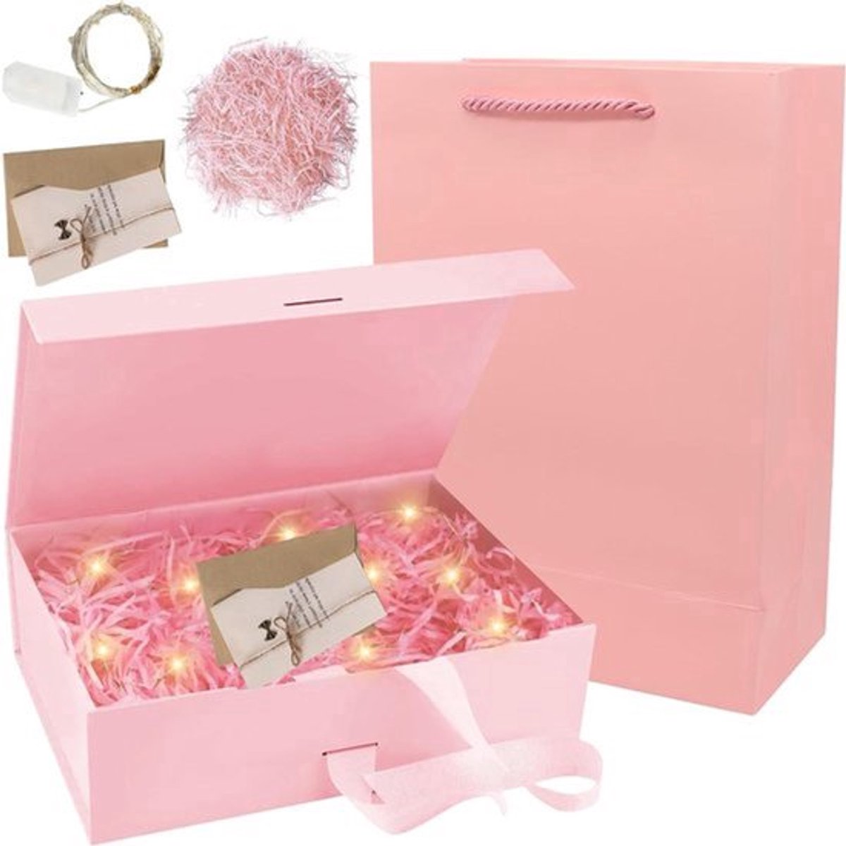 Geschenkdoos met deksel, strik, tas, lint en licht: magnetische geschenkdoos met ledlicht voor bruiloft, verjaardag, Valentijnsdag