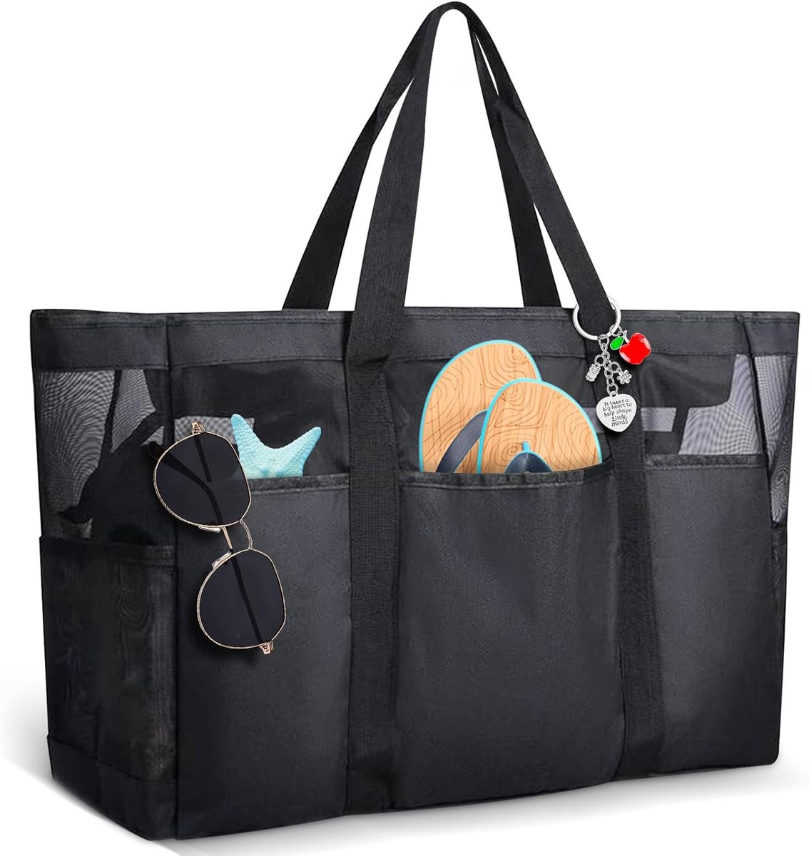 Thijox - XXL Strandtas Familie met Ritssluiting - Grote Lichte Mesh Waterdichte Opvouwbare Schoudertas voor Strand, Reizen, Sport, Picknick - Zwart -