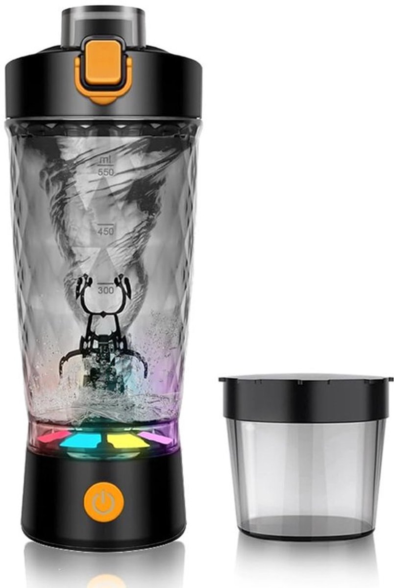 Shakebeker met poeder compartiment - Shakebeker Elektrisch - Proteïne Shaker - 650 ml - Eiwit Mixer-Schudder - USB oplaadbaar - voor Proteïnepoeder en Milkshake - BPA-vrij - met 7-kleuren LED-licht - Zwart