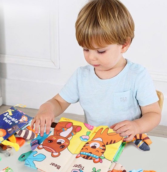 Pluchen speelgoed babyboek, tastbaar kreukelboek voor baby's, peuters en kleuters, interactief speelgoed voor de vroege ontwikkeling van jongens en meisjes en speelgoed voor kinderwagens (Ranch Animal Tails) van Merkloos — afbeelding 3