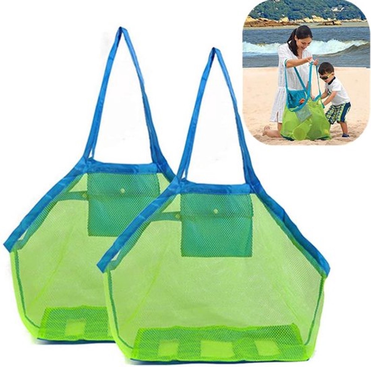 2-Pack Extra Grote Mesh Strandtassen - Grote Opvouwbare Mesh-tas - Opbergnetzak - Voor Het Opbergen van Kinderspeelgoed