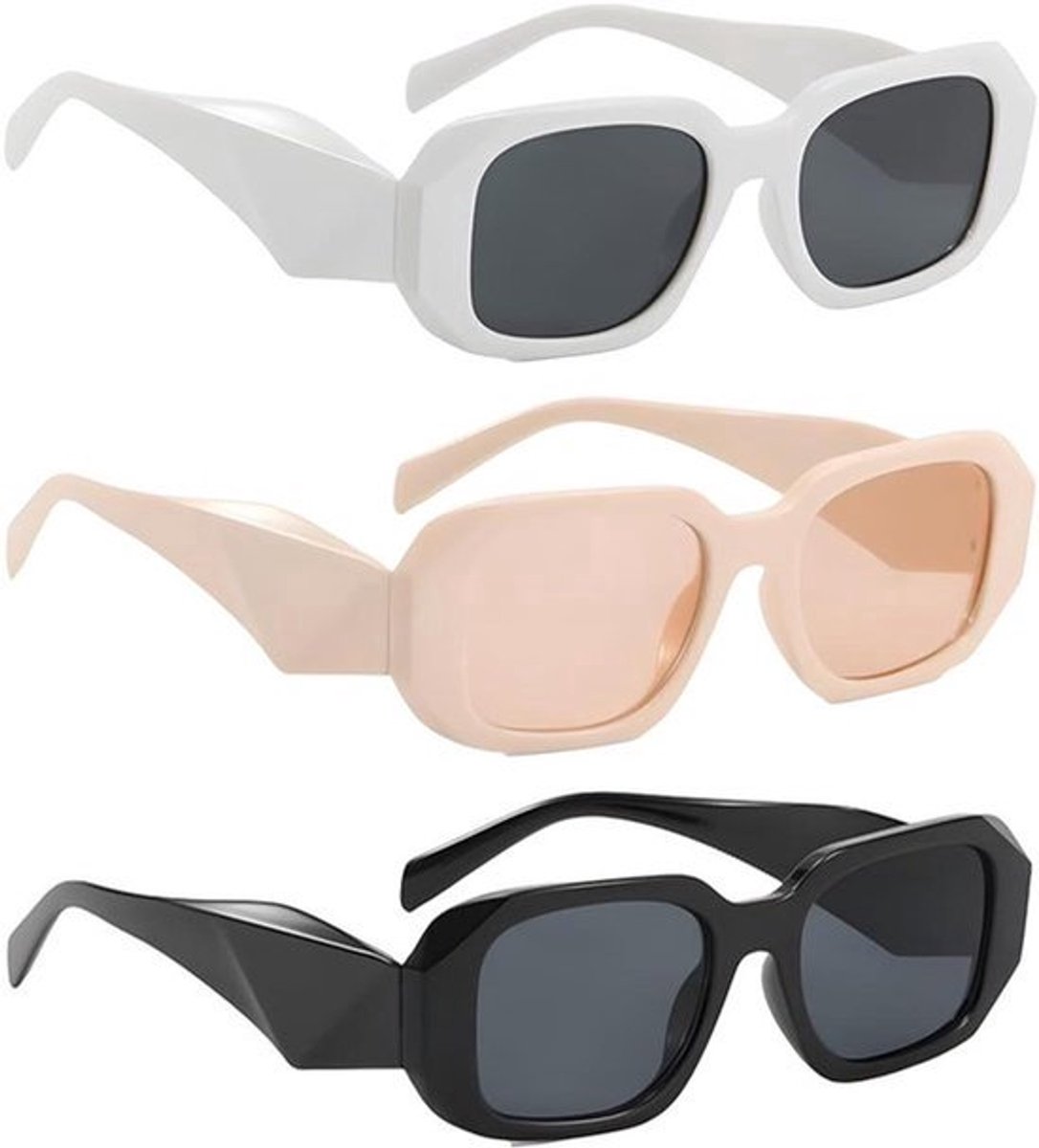 Zonnebril jaren 90 vintage vierkant frame zonwering UV400 rechthoekig (zwart wit beige) - Set van 3