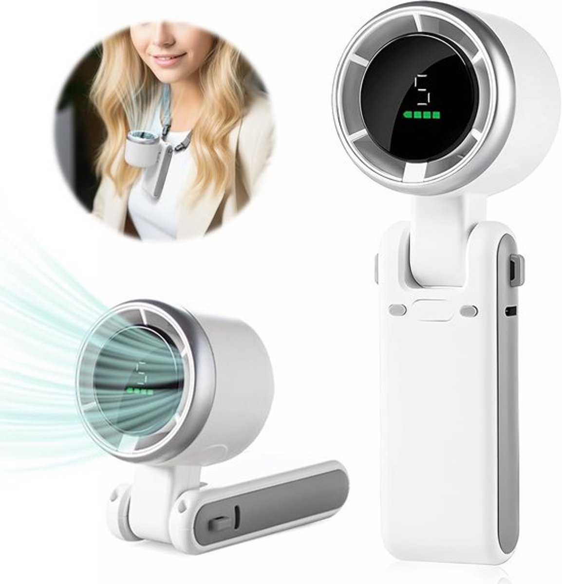 Mini hand ventilator - Draagbare ventilator - Vijf instelbare windsnelheden - 3600 mAh batterij - USB oplaadbare reisventilator voor nekmontage - 3 in-1 opvouwbare voor nekmontage - Ventilator geschikt voor zomerreizen, kantoor, school - Wit