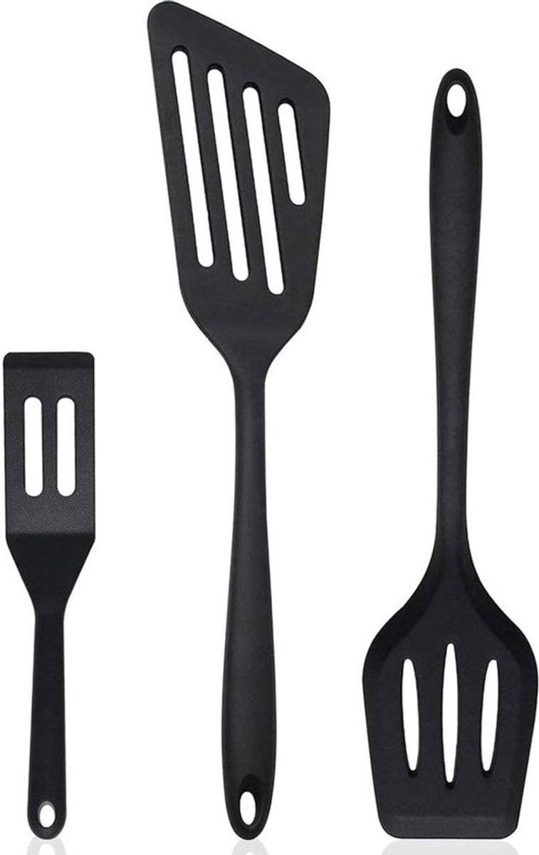 3 stuks - Spatel - Spatel Silicone - BPA vrij - Spatels - Hittebestendig - Anti-aanbak - Anti Slip - Ophangbaar - Vaatwasserbestendig - Keuken Gerei - Pannenlikker - Garde - Bakspatel - Bakspaan - Voordeelset - Zwart