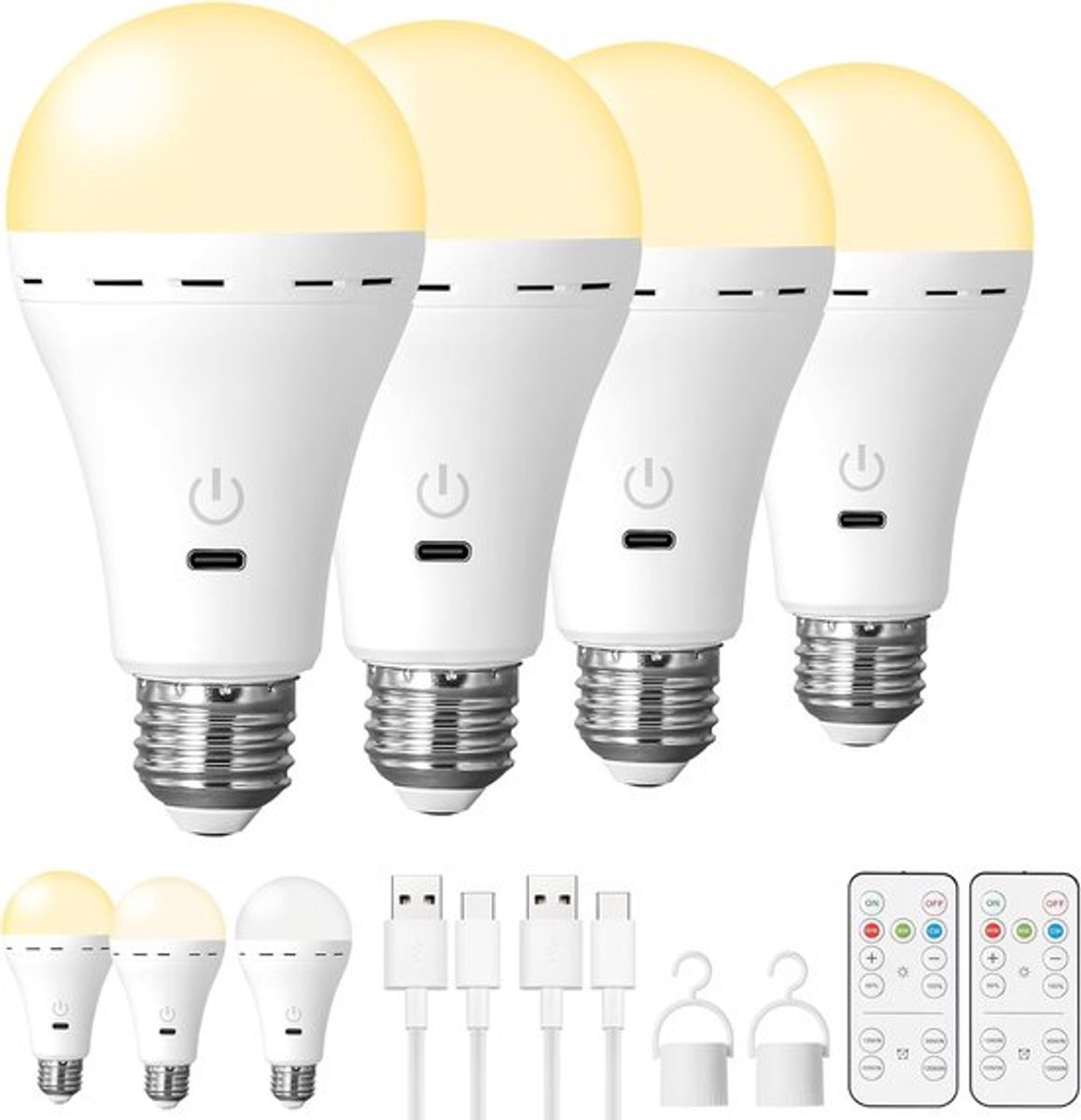 Oplaadbare Batterij LED Lamp - E26 E27 Fitting - Draadloos - 2200mAh - 300 Lumen - 3 Kleurtemperaturen - Dimbaar - Timerfunctie - Met Afstandsbediening en USB-C - 4pcs