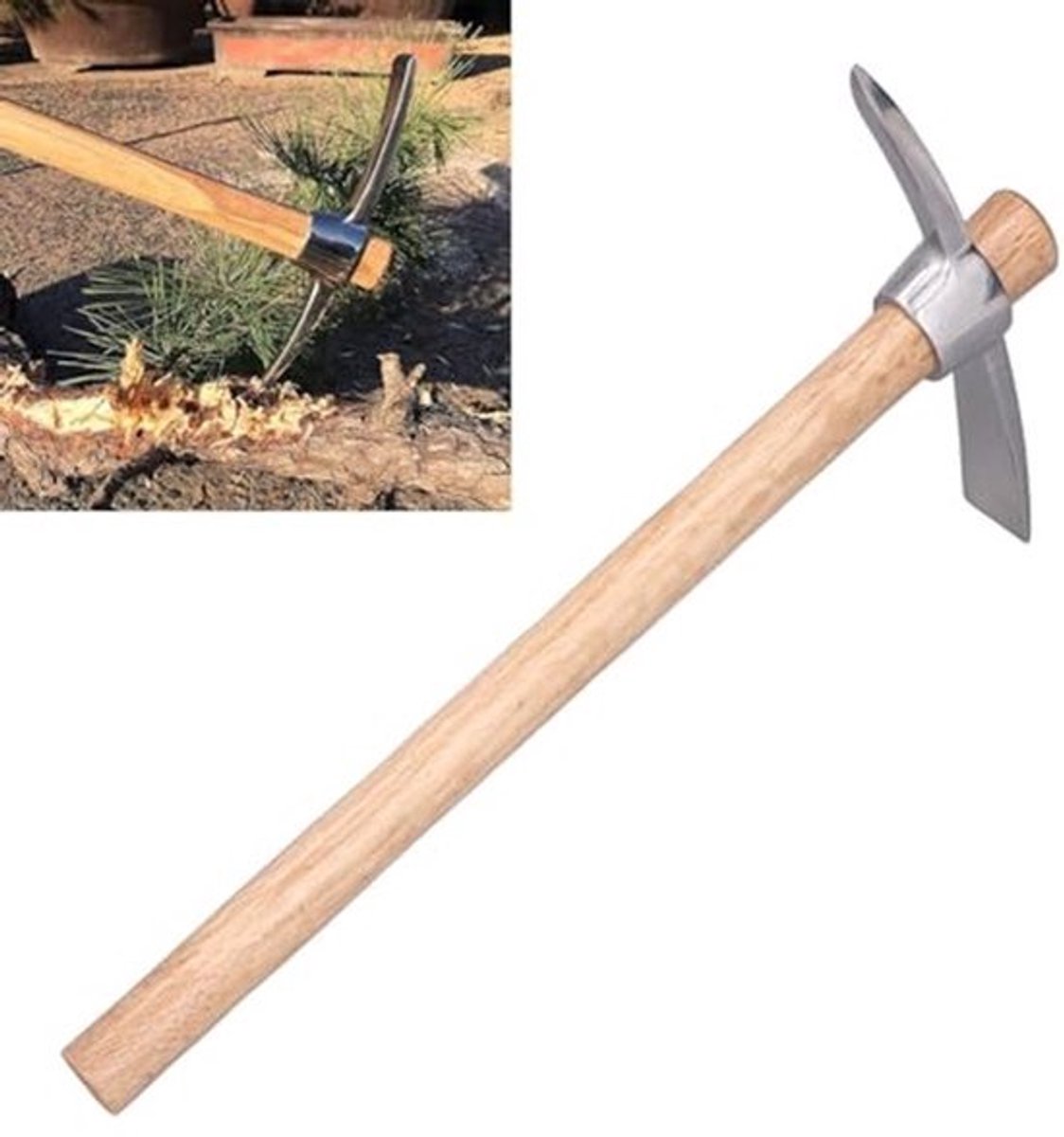 RVS Plukbijl - Dual Head Met Houten Handvat - Handgereedschap Voor Verplanten, Graven En Onkruid