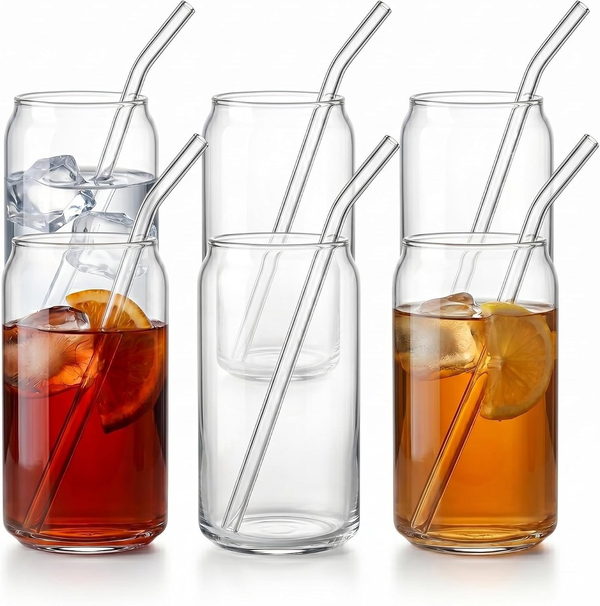 SnelShoppen - Set van 6 Drinkglazen 500 ml met Deksel en Rietje - Helder Glas Cocktailglazen in Blikvorm voor Tuin, Camping, Feest - Longdrinkglazen m