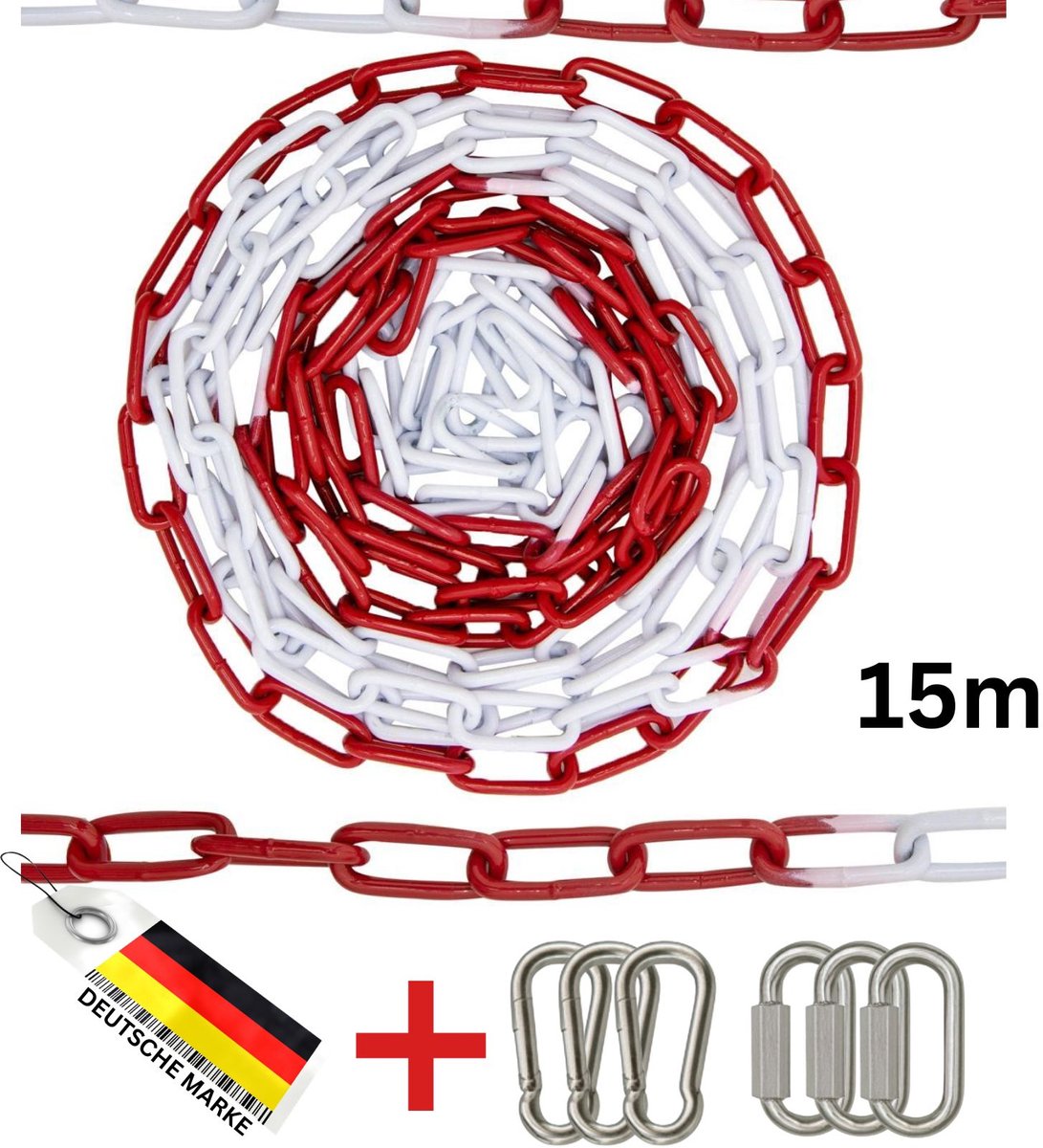 FAMEX 15m Metalen Afzetketting - 5 mm Rood Wit - Verzinkte Stalen Waarschuwingsketting met Karabijnhaken en Verbindingsschakels - Voor Parkeerplaats, Bouwplaats en Afzetting