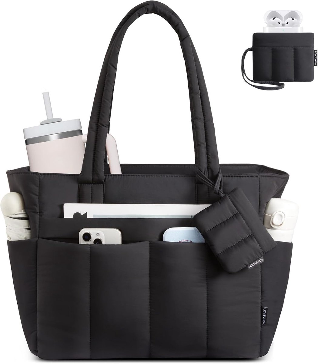 Thijox - LOVEVOOK Handtas Dames, Shoppertas Puffy Tote Bag met Ritssluiting, Lichte Werktas met Laptopvak, Schooltas voor Kantoor, Universiteitsreizen