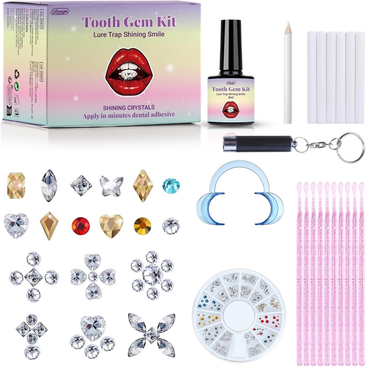 SnelShoppen - Tseriact Tandstrassteentjes, DIY Tanddecoratie met 120 Kristallen, Bling Tanden Set voor Feestjes, Bruiloften, en Speciale Gelegenheden