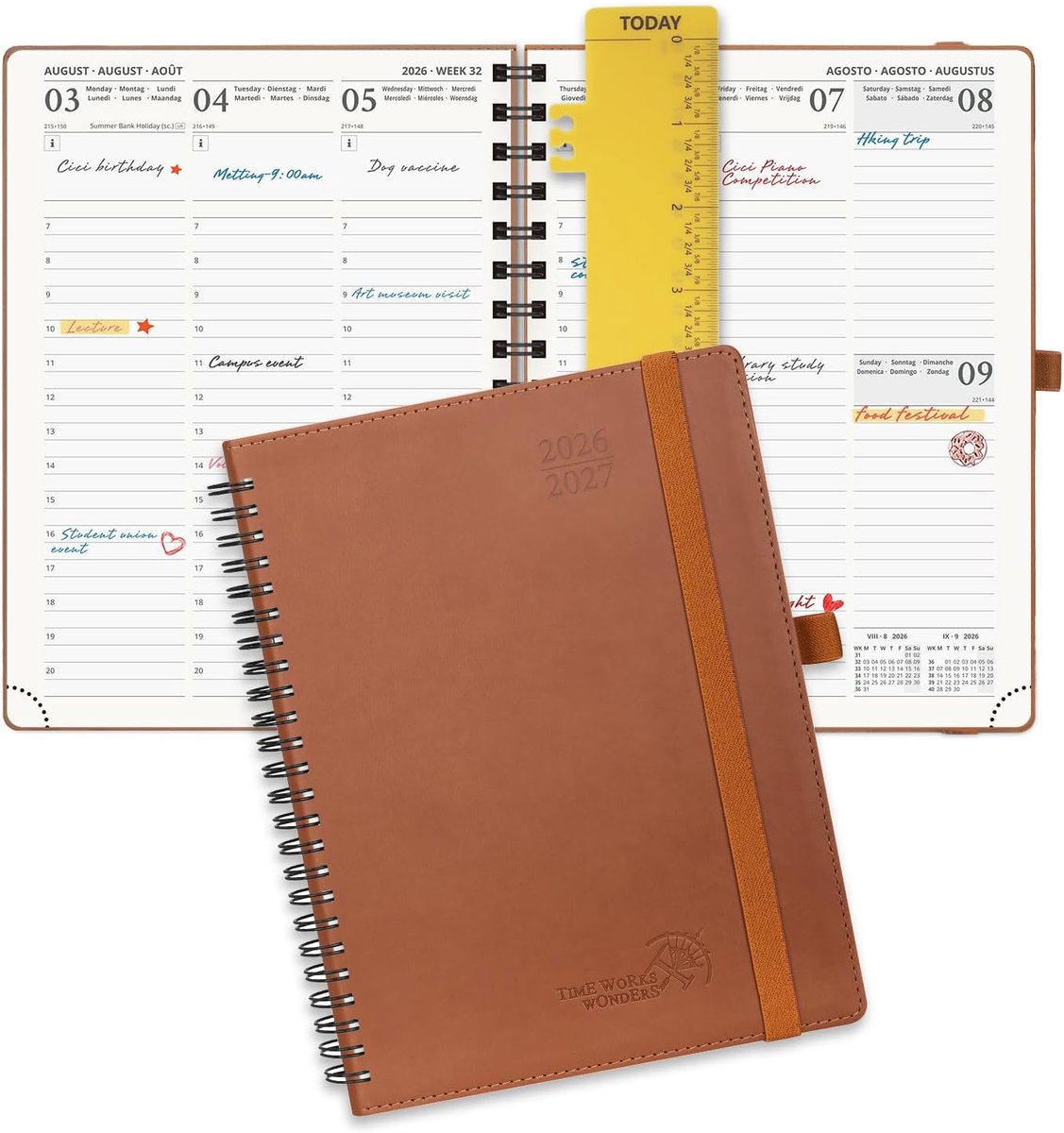 SnelShoppen - Agenda 2026 2027 Weekplanner 22x16,5 cm, Verticaal, Zachte Spiral Binding, Bruin Vegan Leer, 17 Maanden van Aug'26 tot Dec'27, 80 GSM Pa