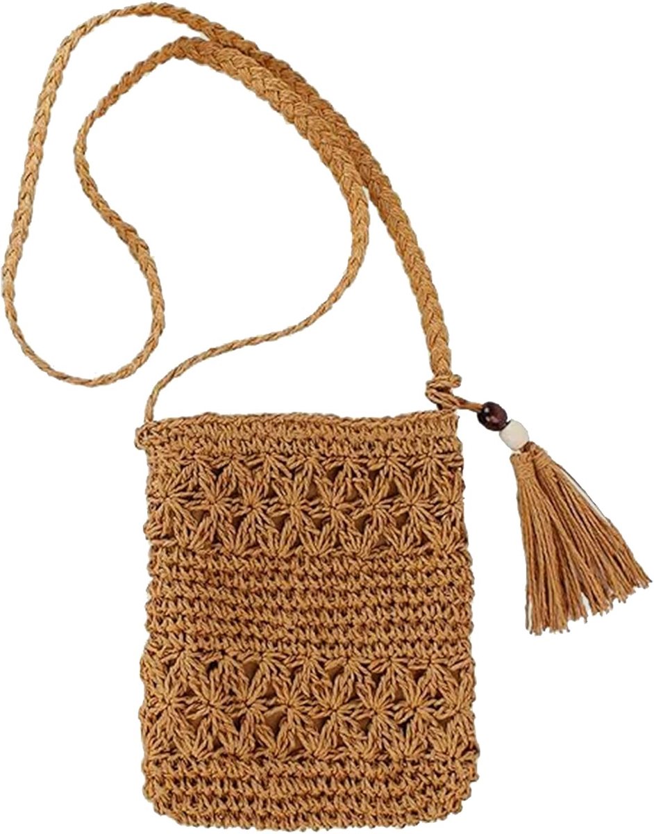 SnelShoppen - Strandtas Dames met Kwastjes, Stro Handtas, Schoudertas, Gehaakte Tas, Kleine Vrijetijdstas, Perfect voor Reizen en Vakantie