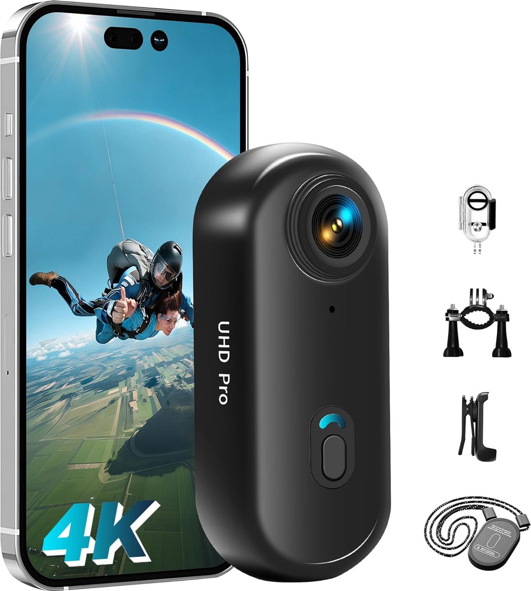SnelShoppen - Actioncam 4K met 16 GB Geheugenkaart - Mini Onderwatercamera Waterdicht tot 30m - 360° Helmcamera voor Fiets, Handsfree POV's, Bodycam e